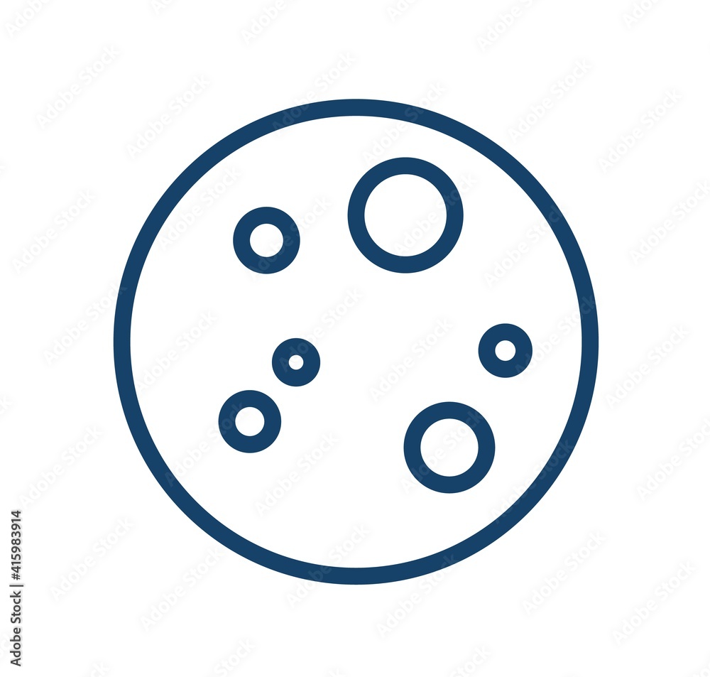 Poster Full moon with craters in line art style. Simple icon of clear weather at night. Monochrome fullmoon circle with porous surface. Contoured linear flat vector illustration isolated on white background