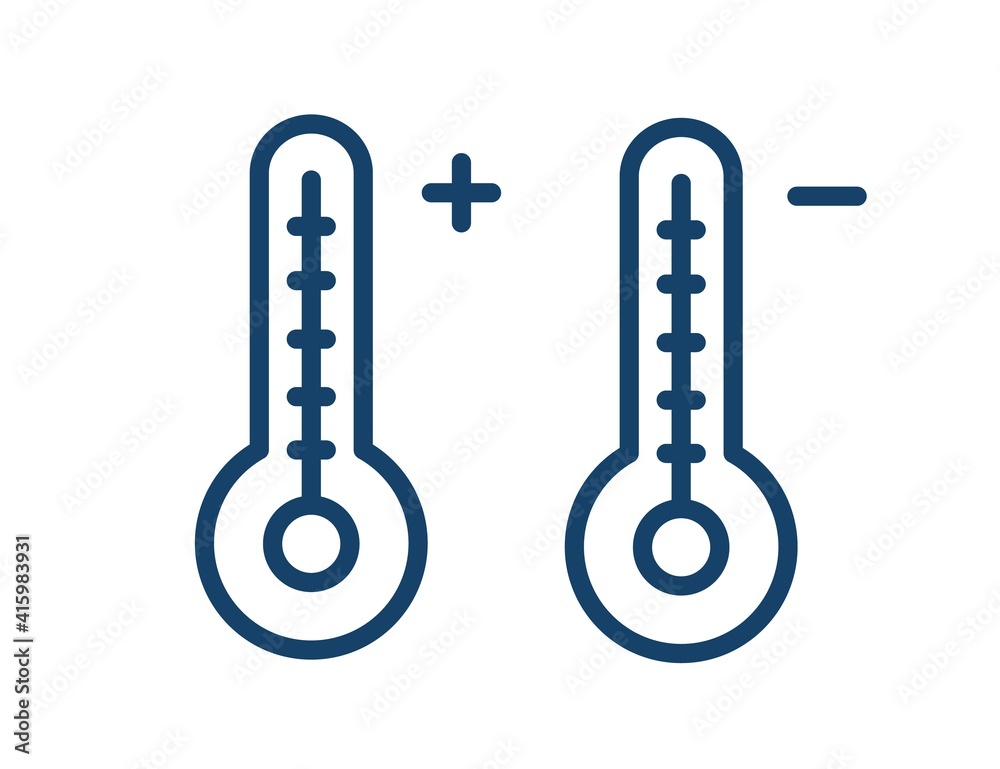 Aufkleber Two linear mercury thermometers with high and low temperatures. Simple icon of hot and cold weather in line art style. Flat vector illustration isolated on white background