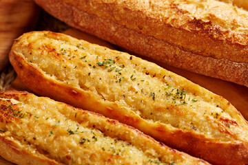Bread cheese baguette on board 