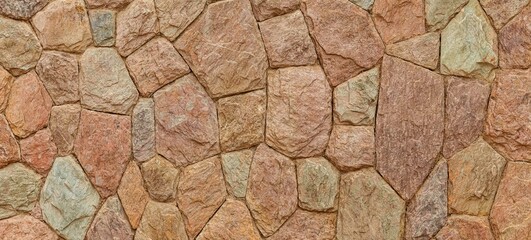 Panorama of Building exterior brown granite block wall texture and background seamless