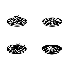Korean food glyph icons. Set of traditional korean dishes .Eastern meal, meat, vegetables and sauces. Asian food and korean cuisine concept.Filled flat signs. Isolated silhouette vector illustrations 