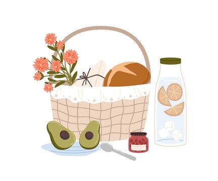 Composition of picnic basket with wild flowers and snacks for outdoor romantic breakfast or lunch bottle of lemonade, avocado, bread and jar of jam. Color flat vector illustration isolated on white
