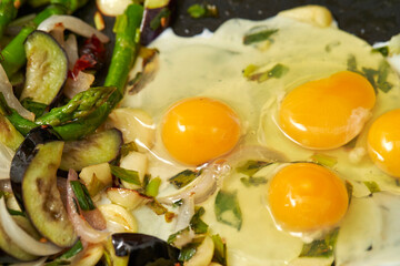 fried eggs with Stir-fried eggplant vegetables with asparagus 