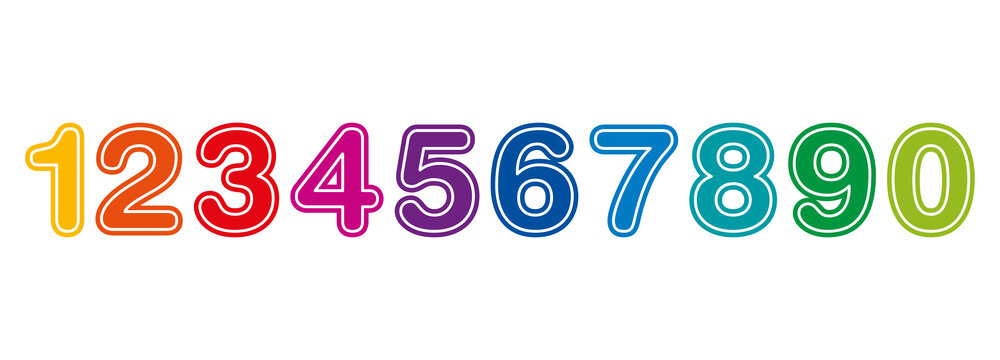 Rainbow colored numbers, from one to zero, with a white outline. Ten colorful numerals in a row, bold, rounded and with a thin white line at the edge, and isolated on a white background. Vector.