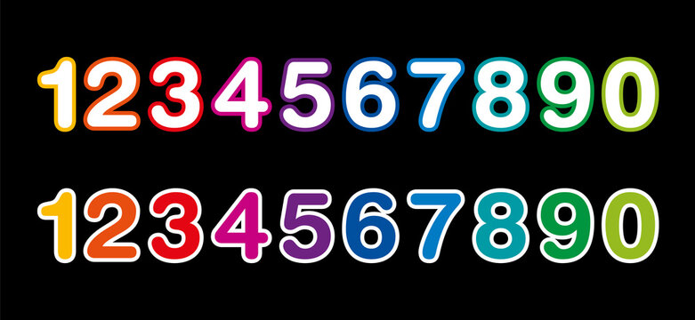 Rainbow colored numbers from one to zero, on a black background. Two rows of ten colorful numerals, bold, rounded and with a thin line at the edge. Isolated illustration. Vector.