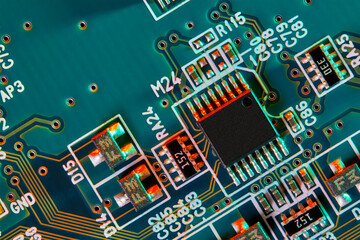 Electronic circuit board close up.	