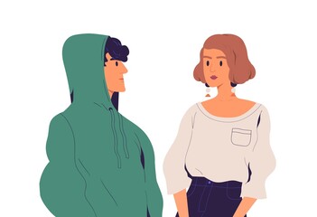 Tension and negative relations between unfriendly people. Couple with tensed serious faces. Misunderstanding between man and woman. Colored flat vector illustration isolated on white background