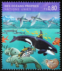 Fototapeta na wymiar Postage stamp United Nations 1992 ocean surface, Geneva