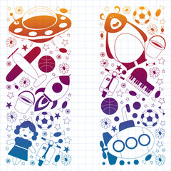Vector pattern with toys for kids. Car, ufo, alien, airplane, teddy bear.