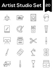 Black Line Art Set of Artist Studia Icon In Flat Style.