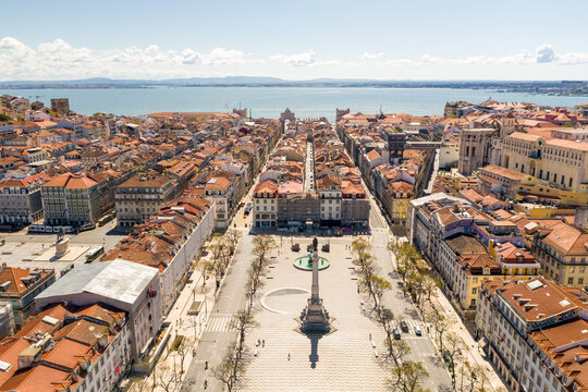 Aerial view of Rossio square, during covid19, in Lisbon, Portugal