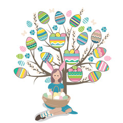 Obraz na płótnie Canvas Young girl sitting near stylized fancy tree. Festive spring illustration can be used for Easter design templates.