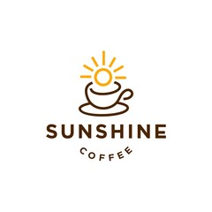 minimal coffee or tea morning sunshine line outline logo with mug cup also sun hipster icon design for cafe , restaurant cafetaria and coffeeshop simple illustration