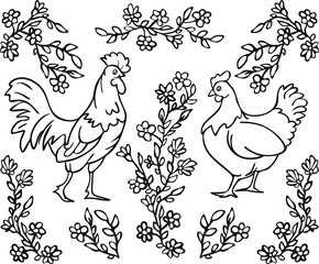 Vector illustration of rooster, brood hen and abstract blooming flowers on branches. Design for coloring book.