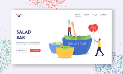 Salad Bar Landing Page Template. Tiny Chef Character Cooking Salad at Huge Bowl in Vegan Cafe, Man with Tomato on Fork