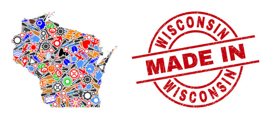 Service Wisconsin State map mosaic and MADE IN grunge rubber stamp. Wisconsin State map collage composed with spanners, gear wheels, screwdrivers,, keys, airplanes, cars, strikes, details.