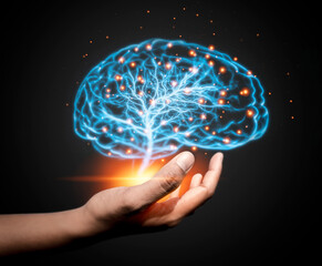 Hand holding glowing brain on dark background. AI network of brain on business analysis, innovative...