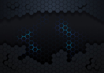 Dark Hexagonal Abstract Background with Blue Light Effect - Backdrop for Your Graphic Design Illustration, Vector