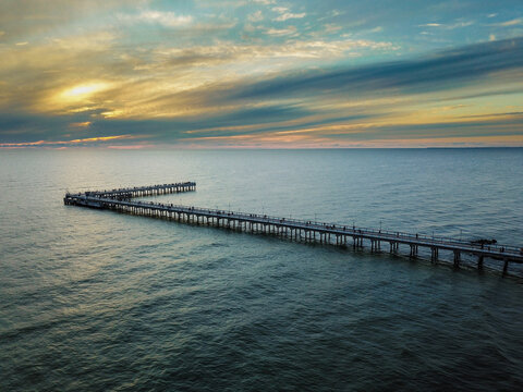 Aerial view of wooden bridge to the Baltic sea in Palanga, Lithuania