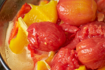 Fototapeta na wymiar Vegetable soup mixed with peeled tomatoes