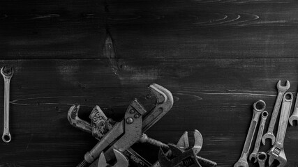 Plumbing Industrial Template. Grey and Blue Background with different tools. Copy space