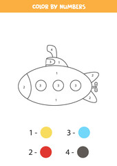 Color cartoon submarine by numbers. Transportation worksheet.