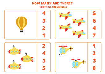 Math game. Count all vehicles. Transportation themed games.