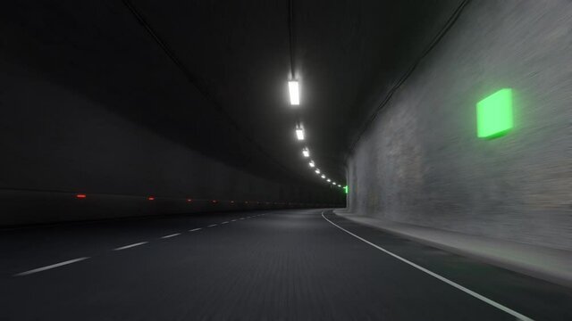 Point of view ride through city tunnel road in the night. Realistic cgi