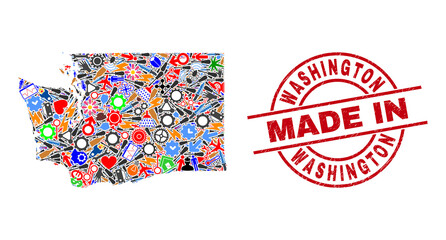 Development mosaic Washington State map and MADE IN distress stamp. Washington State map abstraction formed with spanners, gearwheels, instruments, items, vehicles, electricity sparks, rockets.