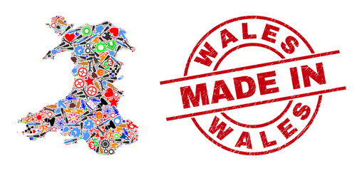 Component mosaic Wales map and MADE IN grunge rubber stamp. Wales map mosaic composed with wrenches, gear wheels, instruments, components, cars, electric strikes, details.