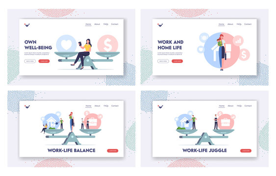 Work and Home Balance Landing Page Template Set. Characters Balancing on Scales with Life Values. Woman Make Choice