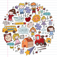 Vector pattern. School and online education. Little boys and girls play and grow together.