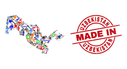 Engineering mosaic Uzbekistan map and MADE IN distress rubber stamp. Uzbekistan map collage designed with spanners, gearwheels, tools, aircrafts, vehicles, power sparks, helmets.