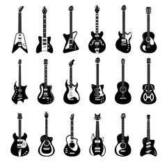 Electric and acoustic guitar music instrument silhouette set. Concert musical bass, jazz, pop, heavy metal, classical stringed musician equipment vector illustration isolated on white background
