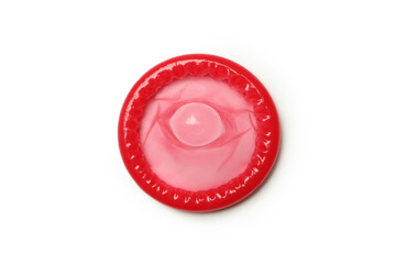 Single red condom isolated on white background