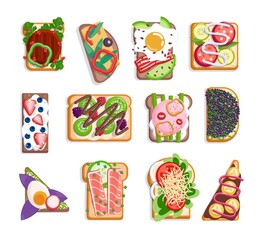 Sandwiches unhealthy junk and healthy fast food menu set. Toasted loaf with meat, fruit, sausages, sauce different ingredient, crust nourishment vector illustration isolated on white background