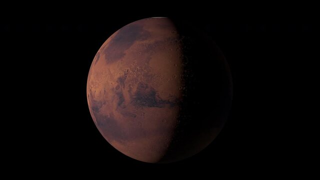 Mars. Planet. Spin Around axis. Rotate planet mars on dark. Full 3d visualisation view of Mars 4k resolution. Loop animation. 3d Animation