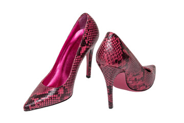Fashionable female high heels. A pair of purple high-heeled female shoes isolated on a white background. Shoes from snakeskin imitation.