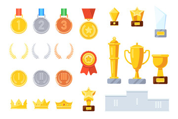 Winner award prize for business achievement or sport success. Insignia medal ribbon, trophy goblet, star and laurel wreath silver, gold or gilded corporate reward vector illustration isolated on white - obrazy, fototapety, plakaty