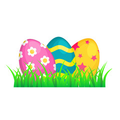 Easter eggs in the grass. Color egg set with different textures, patterns and colors. Spring holiday. Vector illustration isolated on white background.
