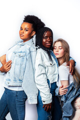 Fototapeta premium diverse multi nation girls group, teenage friends company cheerful having fun, happy smiling, cute posing isolated on white background, lifestyle people concept, african-american and caucasian