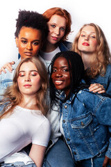 Fototapeta premium diverse multi nation girls group, teenage friends company cheerful having fun, happy smiling, cute posing isolated on white background, lifestyle people concept, african-american and caucasian