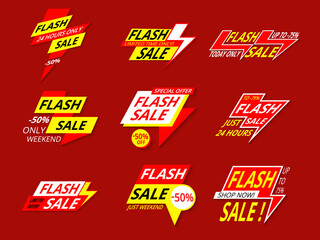 Flash sale tag sticker limited sale offer banner badge set. Bargain and price reduction promotional label with advertising message about sell-off vector illustration isolated on white background