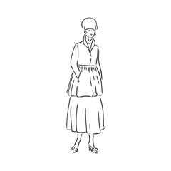 Antique dressed lady. Old fashion vector illustration. Victorian woman in historical dress. Vintage stylized drawing, retro woodcut style