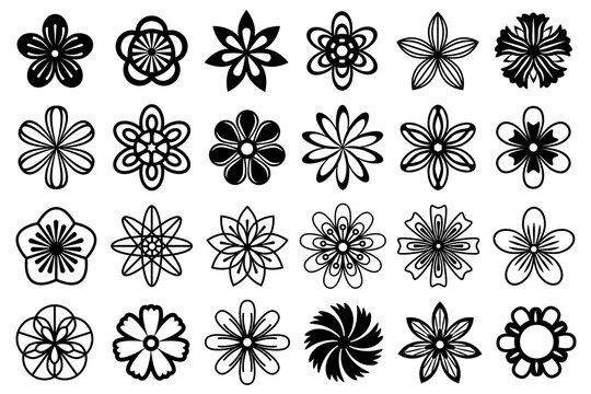 Vector floral set. Collection of black flat floral illustrations. Abstract stylizet cut out flowers. Comfortable for cut and silhouette crafts