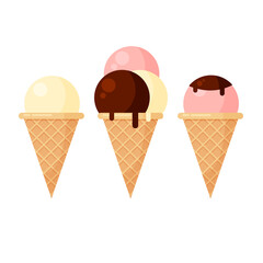 Ice cream set in a cone with different fillings in trendy cartoon style. Ice lolly collection. Vector illustration isolated on white background for web design or print.
