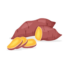 Whole and piece of sweet potatoes isolated on white background. Vegan food vector vegetable icons in a trendy cartoon style. Healthy food concept.