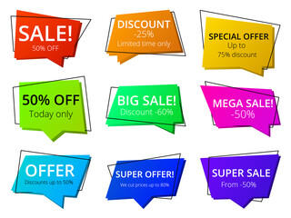 Big sale speech bubble tag set with super marketing offer. Price reduction label sticker promotional information, announcement and inspiration to purchase vector illustration isolated on white