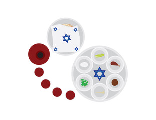 Top view on Passover plate, matzah plate with cover, wine bottle and four wine glass on White background