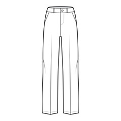 Pants tailored technical fashion illustration with low waist, rise, full length, slant slashed pockets, belt loops. Flat bottom trousers apparel template front, white color. Men unisex CAD mockup